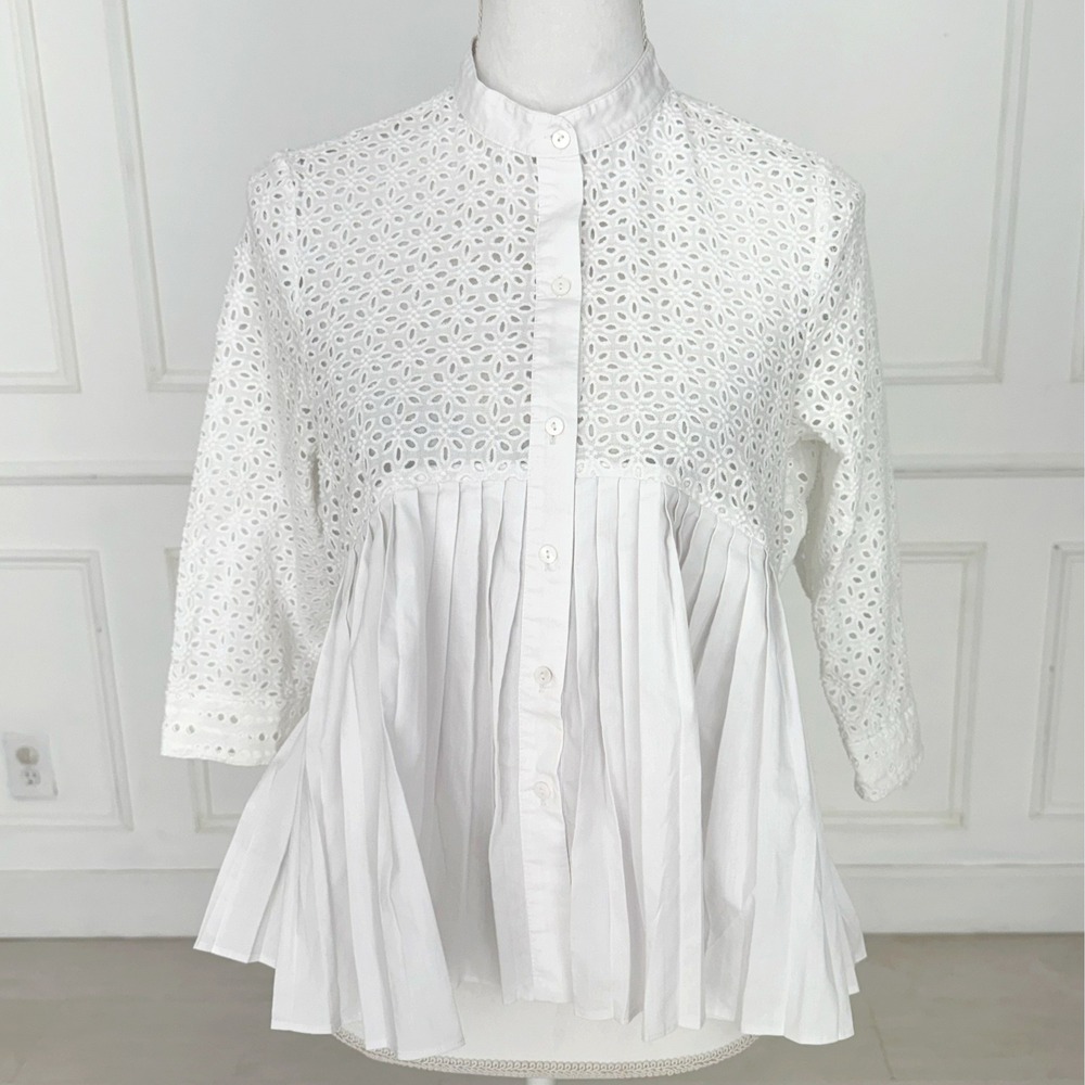 White Eyelet Pleated Peplum Button Blouse Band Collar 3/4 Sleeve Top HD in Paris